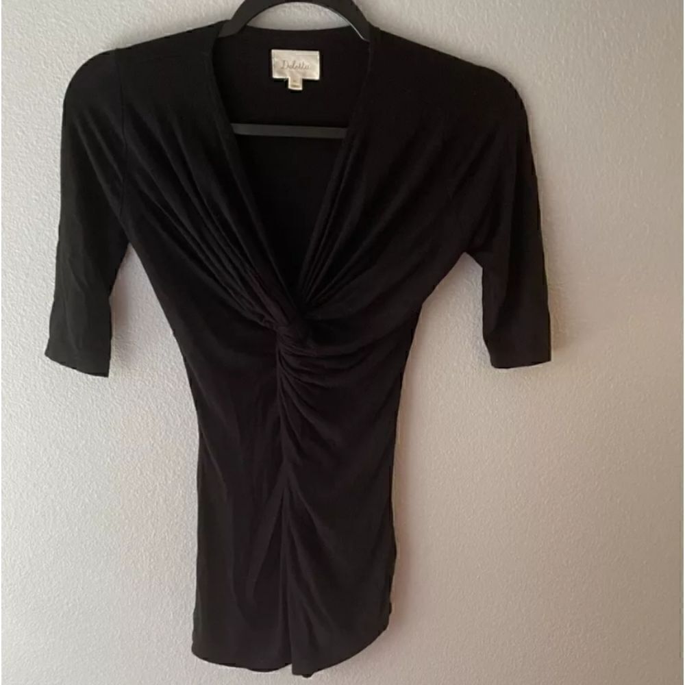 Anthropologie Deletta V Neck Wrap Top with Short Sleeves Sz XSMALL Black - Picture 10 of 11